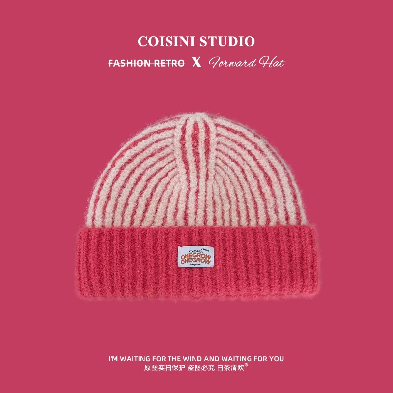 Women Striped Fuzzy Knit Beani - Beanie Cuffed Knit ulasan dan harga